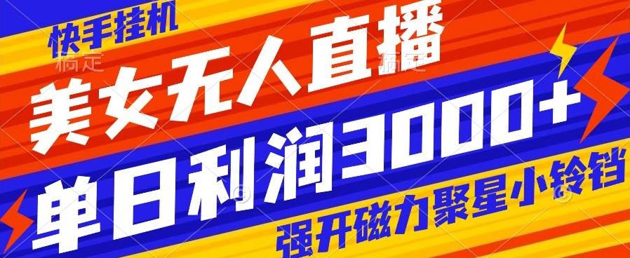 快手挂机，美女无人直播，强开磁力聚星小铃铛，日入3000+-吾爱网创