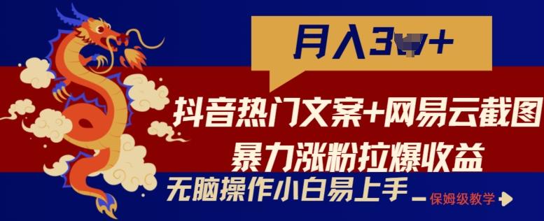 抖音热门文案+网易云截图暴力涨粉拉爆收益玩法，小白无脑操作，简单易上手【揭秘】-吾爱网创