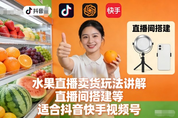 水果直播卖货玩法讲解、直播间搭建等,适合抖音快手视频号-吾爱网创