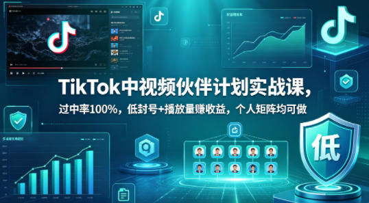 TikTok中视频伙伴计划实战课,过中率100%,低封号+播放量賺收益,个人矩阵均可做-吾爱网创
