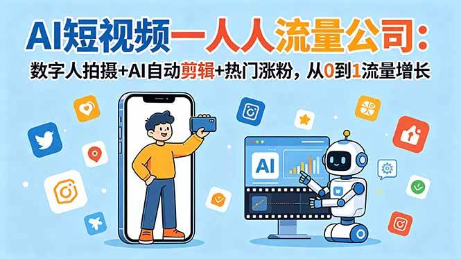 (18864期)AI短视频一人流量公司:数字人拍摄+AI自动剪辑+热门涨粉,从0到1流量增长-吾爱网创