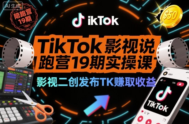 TikTok影视解说陪跑营19期实操课，影视二创发布TK賺取收益，万播收益50美金（更新）-吾爱网创