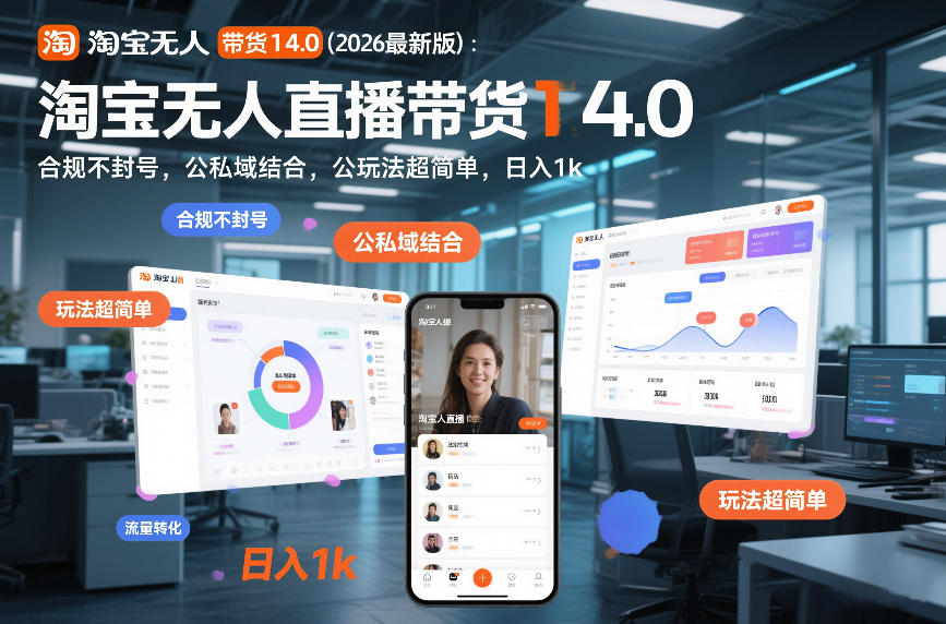 淘宝无人直播带货14.0（2026最新版）：合规不封号，公私域结合，玩法超简单，日入1k+【揭秘】-吾爱网创