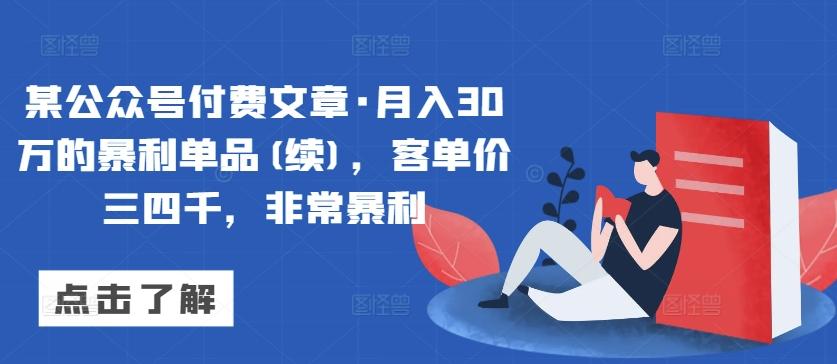 某公众号付费文章·月入30万的暴利单品(续)，客单价三四千，非常暴利-吾爱网创