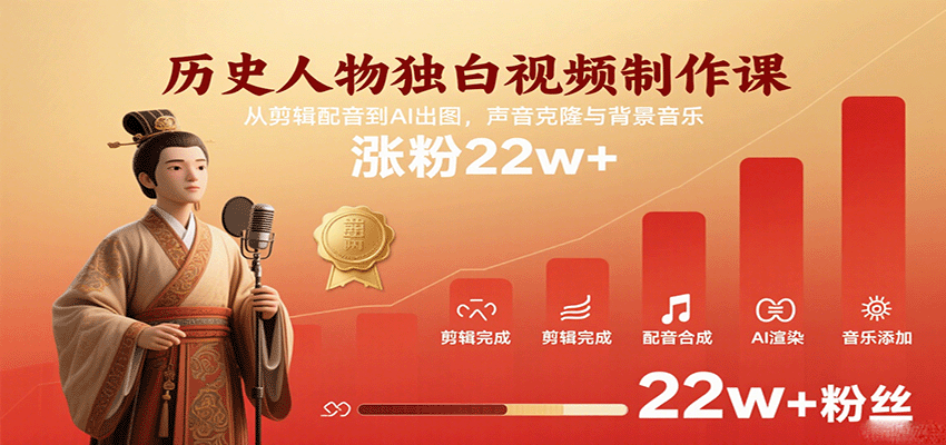 历史人物独白视频制作课，从剪辑配音到AI出图，声音克隆与背景音乐，涨粉22w+-吾爱网创