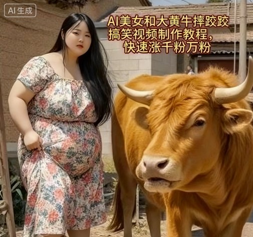 AI美女和大黄牛摔跤搞笑荒诞视频制作教程,快速涨千粉万粉-吾爱网创