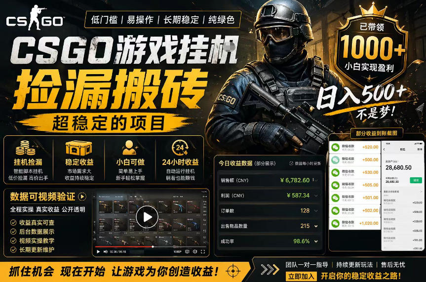 CSGO游戏搬砖，全自动挂G，不需要玩游戏，手机操作日入300+，解放双手【揭秘】-吾爱网创