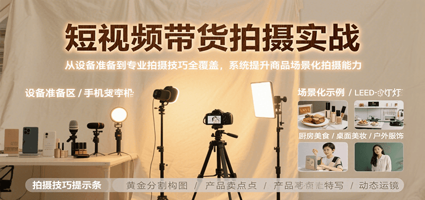 短视频带货拍摄实战,从设备准备到专业拍摄技巧全覆盖,系统提升商品场景化拍摄能力-吾爱网创