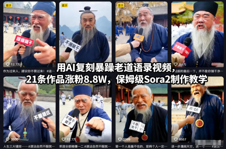 用AI复刻暴躁老道语录视频,21条作品涨粉8.8W,保姆级Sora2制作教学-吾爱网创