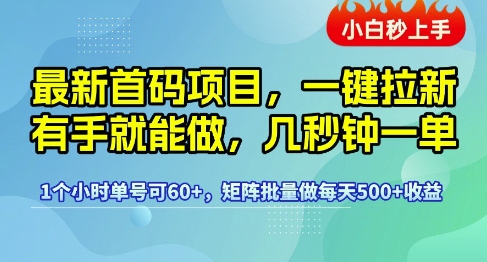 最新首码项目，一键拉新有手就能做，几秒钟一单，1个小时单号可60+，矩阵批量做每天5张【揭秘】-吾爱网创