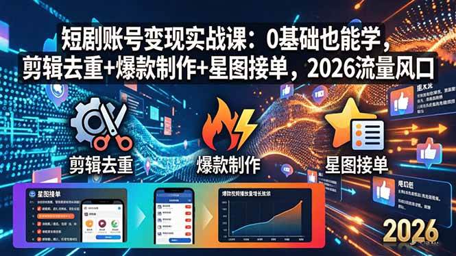 （18160期）短剧账号变现实战课：0基础也能学，剪辑去重+爆款制作+星图接单，2026流量风口-吾爱网创