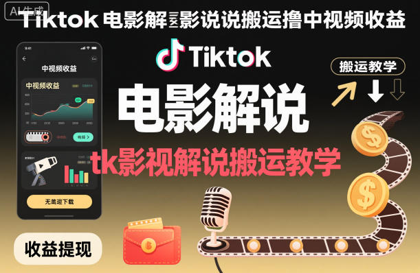 Tiktok电影解说搬运撸中视频收益，tk影视解说搬运教学-吾爱网创