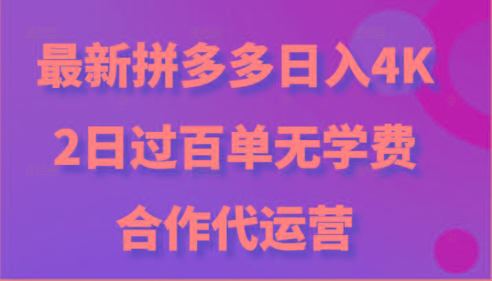 最新拼多多,日入4K+,2日过百单无学费,合作代运营-吾爱网创