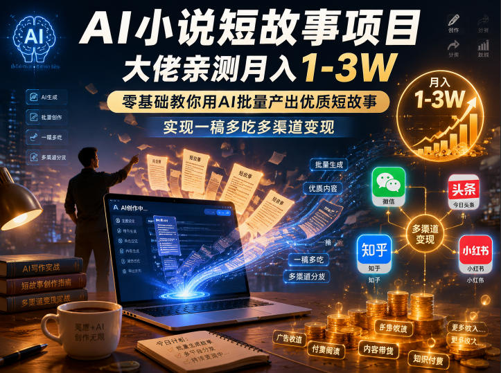 AI小说短故事项目,大佬亲测月入1-3W,零基础教你用AI批量产出优质短故事,实现一稿多吃多渠道变现-吾爱网创