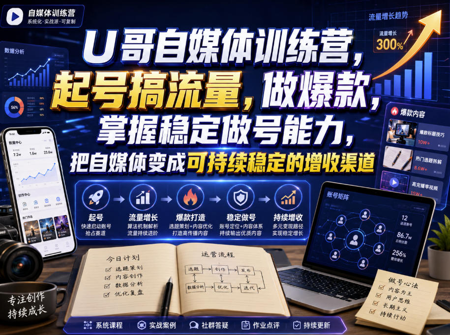 U哥自媒体训练营,起号搞流量,做爆款,掌握稳定做号能力,把自媒体变成可持续稳定的增收渠道-吾爱网创