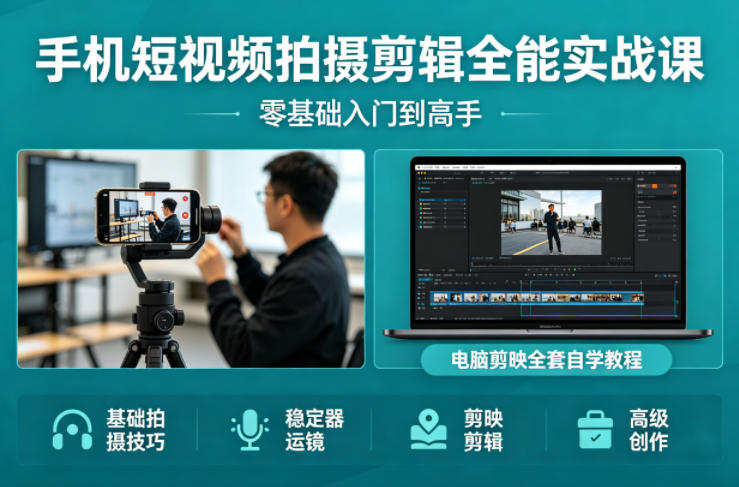 手机短视频拍摄剪辑全能实战课：零基础入门到高手，稳定器运镜+电脑剪映全套自学教程-吾爱网创