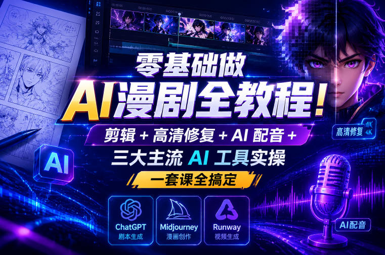 零基础做AI漫剧全教程!剪辑+高清修复+AI配音+三大主流AI工具实操,一套课全搞定-吾爱网创