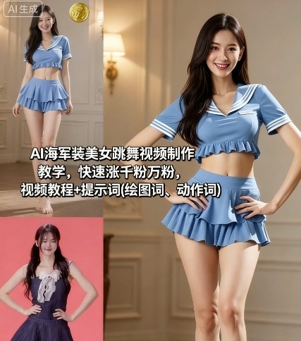 AI海军装美女跳舞视频制作教学，快速涨千粉万粉，视频教程+提示词(绘图词、动作词)-吾爱网创