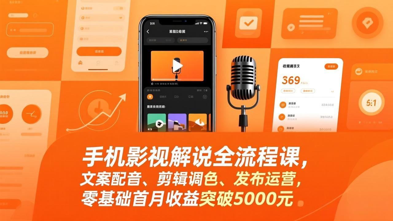 手机影视解说全流程课，文案配音、剪辑调色、发布运营，零基础首月收益突破5000元-吾爱网创