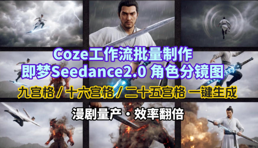 Coze工作流批量制作即梦Seedance2.0角色分镜图，九宫格-十六宫格-二十五宫格一键生成，漫剧量产，效率翻倍-吾爱网创