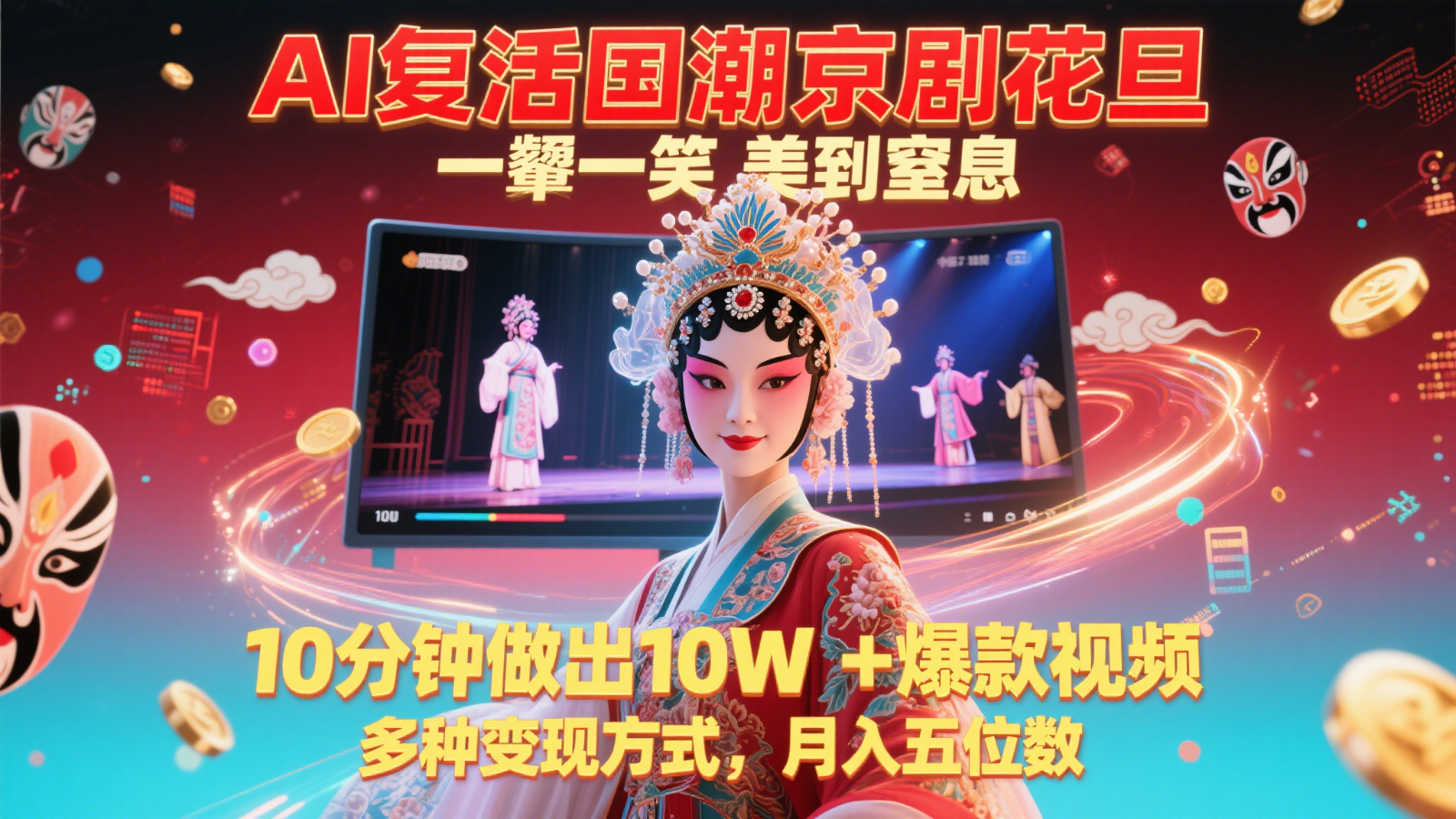 AI复活国潮京剧花旦，一颦一笑美到窒息，10分钟做出10W+爆款视频，多种变现方式，…-吾爱网创