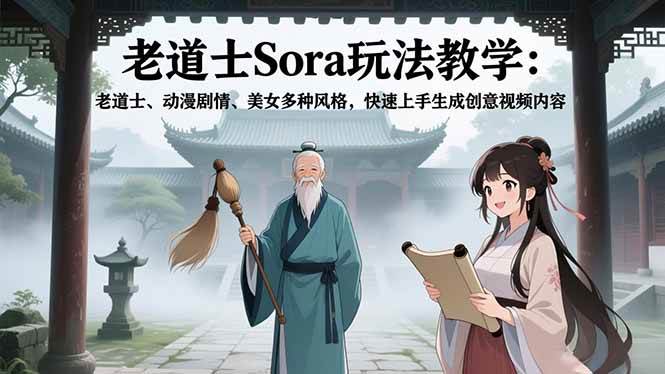 (16862期)老道士Sora玩法教学:老道士、动漫剧情、美女多种风格,快速上手生成创意视频内容-吾爱网创